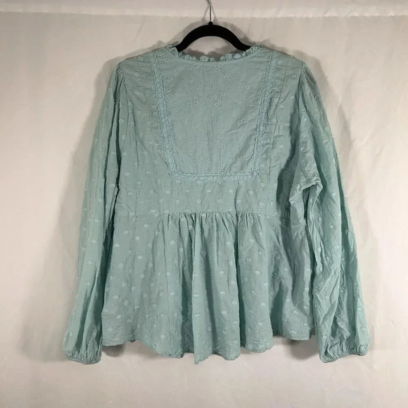 Torrid Blouse Women's 1 1X Blue Vneck Long Sleeve Frill Neckline 100% Cotton - Picture 8 of 10